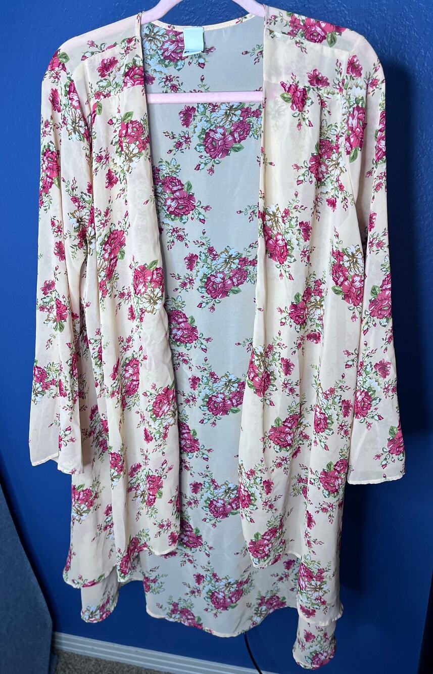 Swell Floral Open Front Kimono Duster Cardigan Large Pink Cream